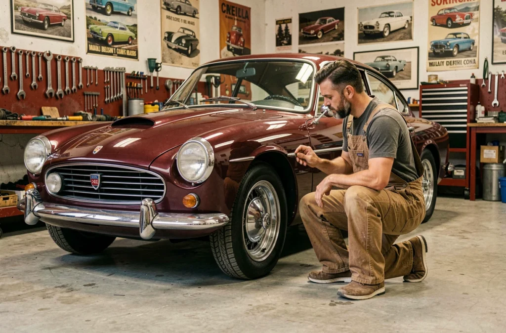 Restaurateur d'Arzal Auto Passion inspectant une voiture classique dans son atelier spécialisé dans le Morbihan