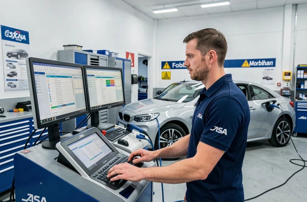 Technicien d'ASA56 effectuant un diagnostic électronique sur un véhicule dans l'atelier du Morbihan