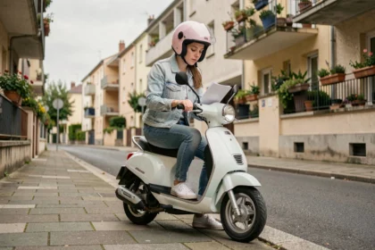 Jeune femme avec casque et scooter 50cc consulte ses documents d'assurance sur un trottoir résidentiel