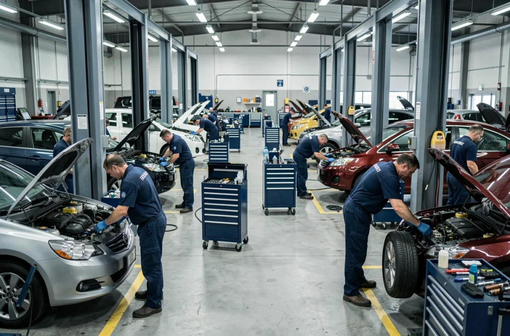 Centre automobile Auto Express avec plusieurs mécaniciens travaillant simultanément sur des véhicules en baie de service