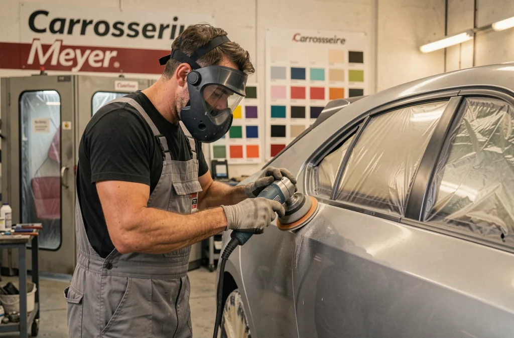 Carrossier de la Carrosserie Meyer ponçant une portière de voiture dans un atelier de réparation de carrosserie