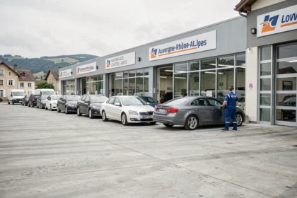 Centre de contrôle technique en Auvergne-Rhône-Alpes avec des voitures en file d'attente devant les baies d'inspection