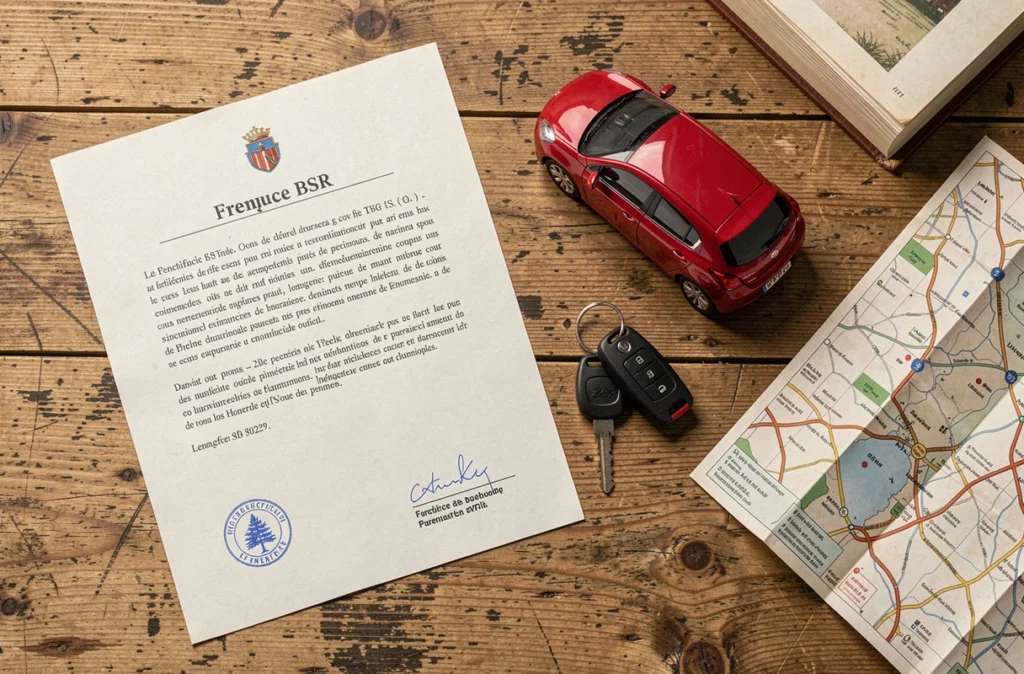 Certificat BSR posé sur un bureau en bois avec des clés de voiture, illustrant les conditions de conduite sans permis