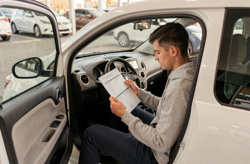 Jeune homme vérifiant une liste de contrôle avant d'acheter une voiture sans permis