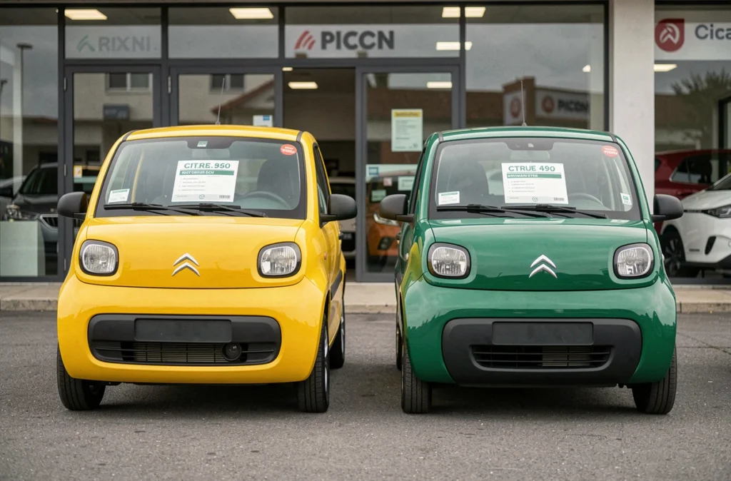 Deux Citroën Ami sans permis en concession automobile avec étiquettes de prix