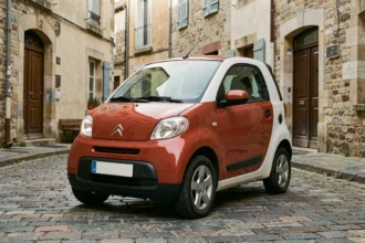 Citroën Ami voiture sans permis garée dans une rue pavée de village français