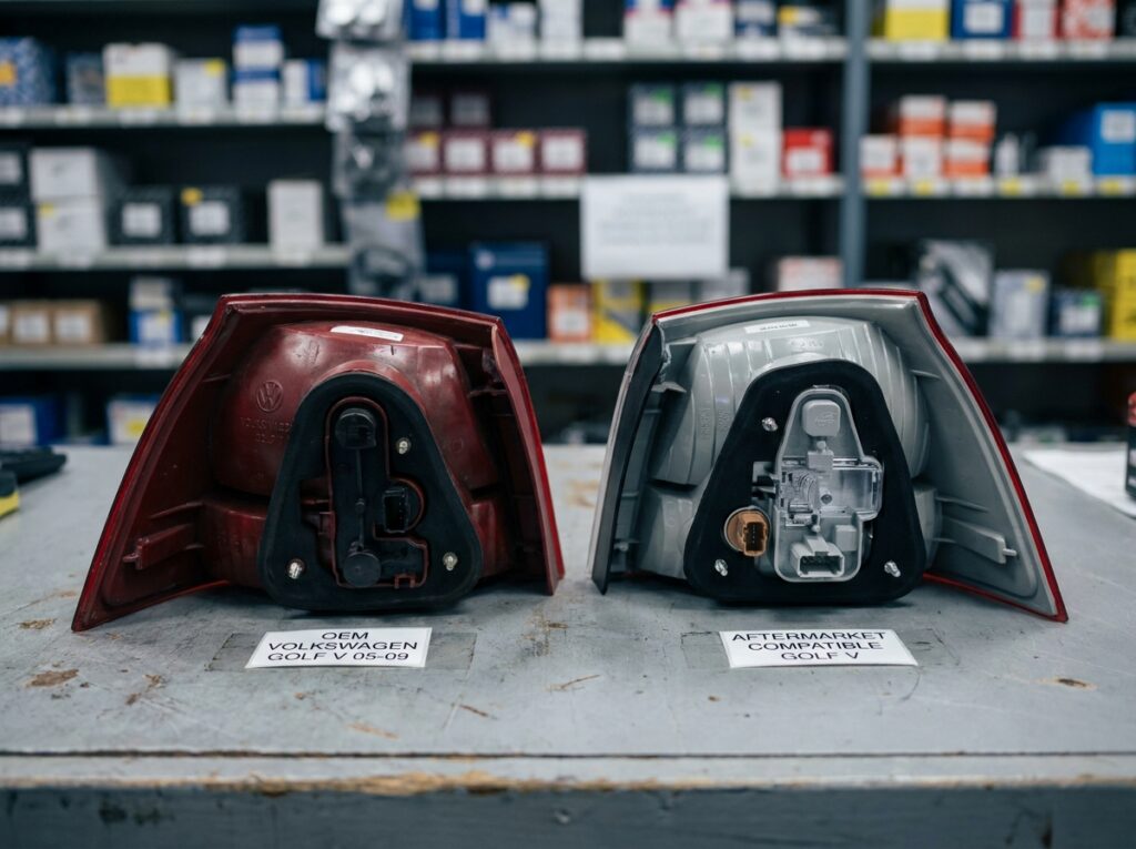 Comparaison feu arrière d'origine et pièce compatible aftermarket pour Golf 5 posés sur comptoir de pièces auto