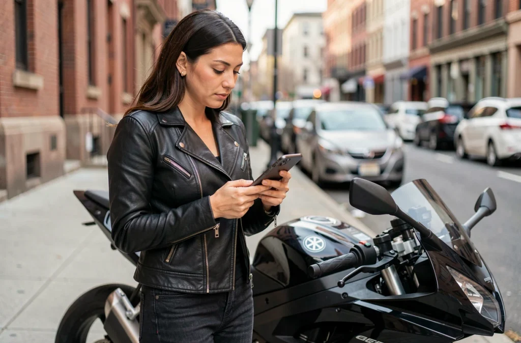 Femme motarde consultant un comparateur d'assurance moto sur smartphone en ville