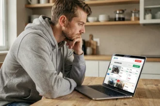Homme comparant des offres d'assurance moto sur un ordinateur portable dans une cuisine moderne