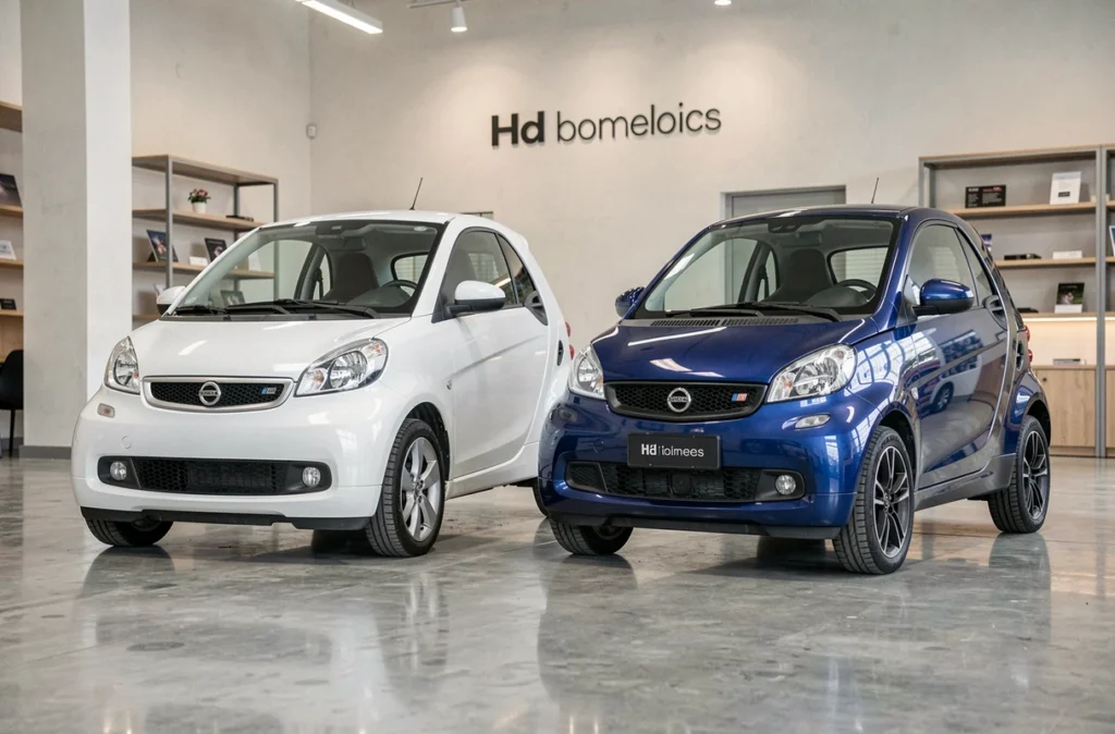 Deux voitures sans permis italiennes exposées côte à côte dans une concession automobile moderne