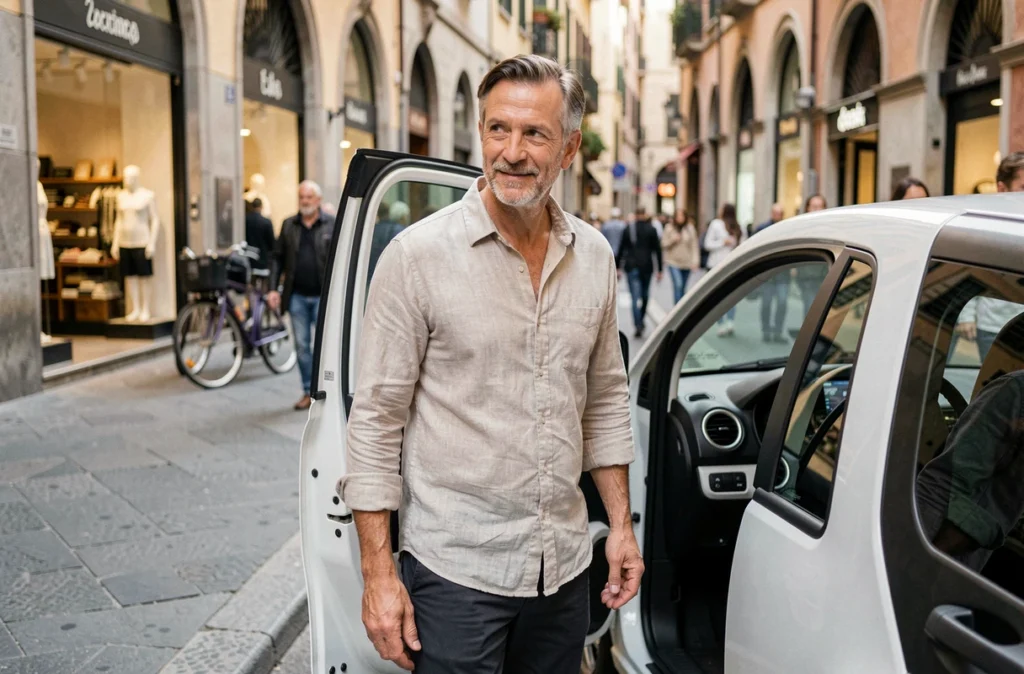 Homme d'une cinquantaine d'années sortant d'une voiture sans permis dans une rue commerçante italienne