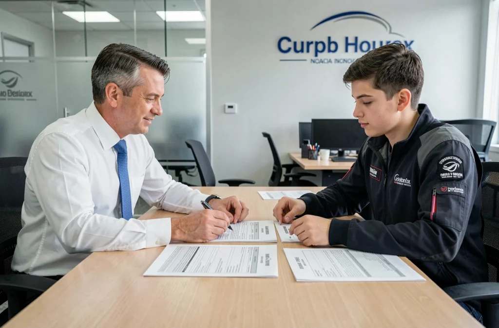 Courtier en assurance conseillant un motard sur son contrat d'assurance moto en agence