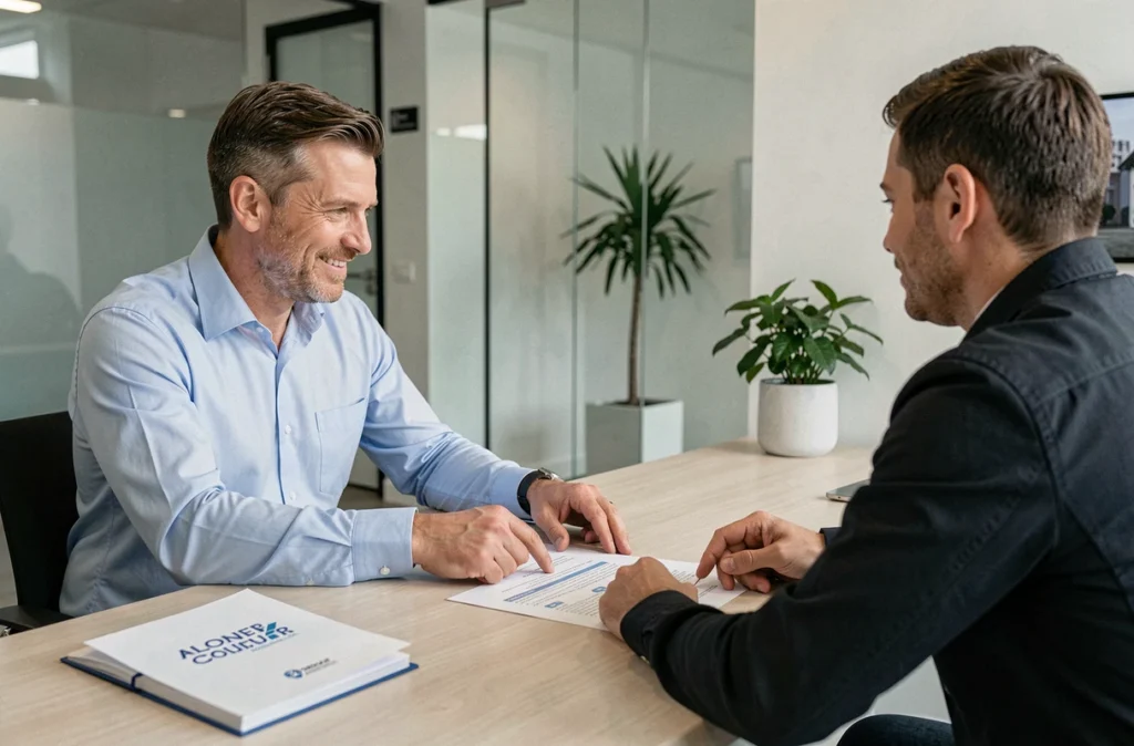 Conseiller assurance moto expliquant un devis à un client dans une agence professionnelle