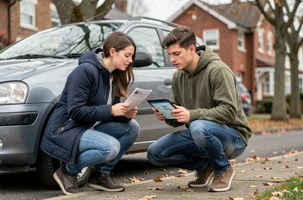 Couple inspectant une voiture d'occasion dans une rue résidentielle avec une liste de contrôle et une annonce en ligne