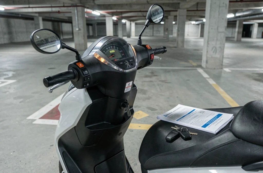 Détail du tableau de bord d'un scooter Peugeot avec documents d'assurance posés sur la selle