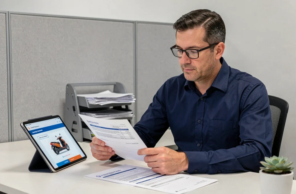 Homme analysant des devis d'assurance scooter sur tablette et documents imprimés dans un bureau professionnel