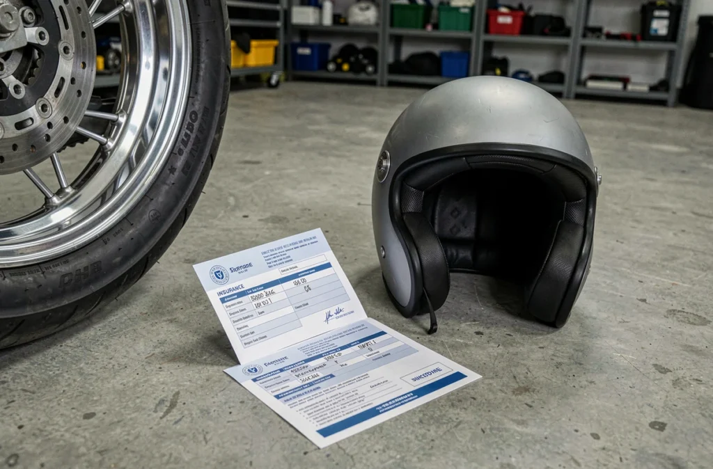 Documents d'assurance moto et certificat d'immatriculation posés au sol d'un garage avant un trajet