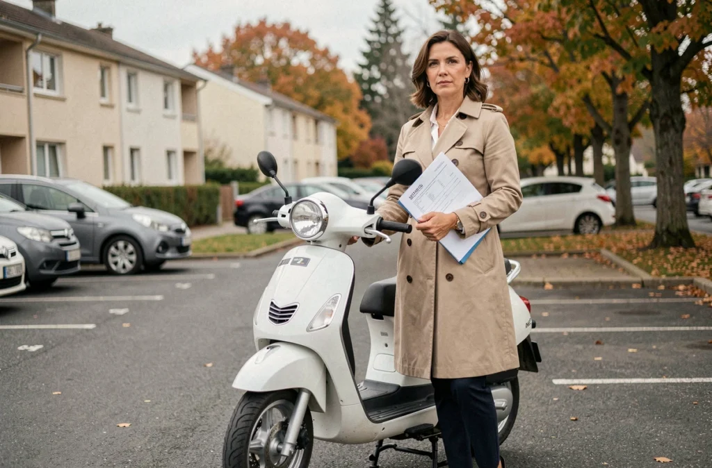 Femme tenant un dossier d'assurance à côté d'un scooter 50cc blanc dans un parking résidentiel
