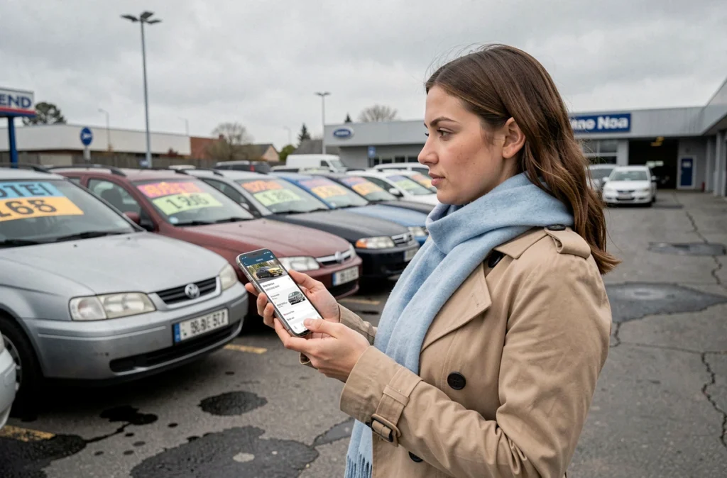 Femme comparant des annonces de voitures d'occasion sur son smartphone dans un parc automobile