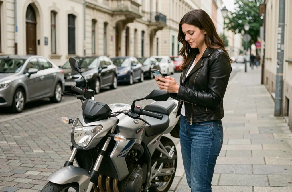 Femme en veste de moto comparant des assurances moto sur smartphone en rue urbaine