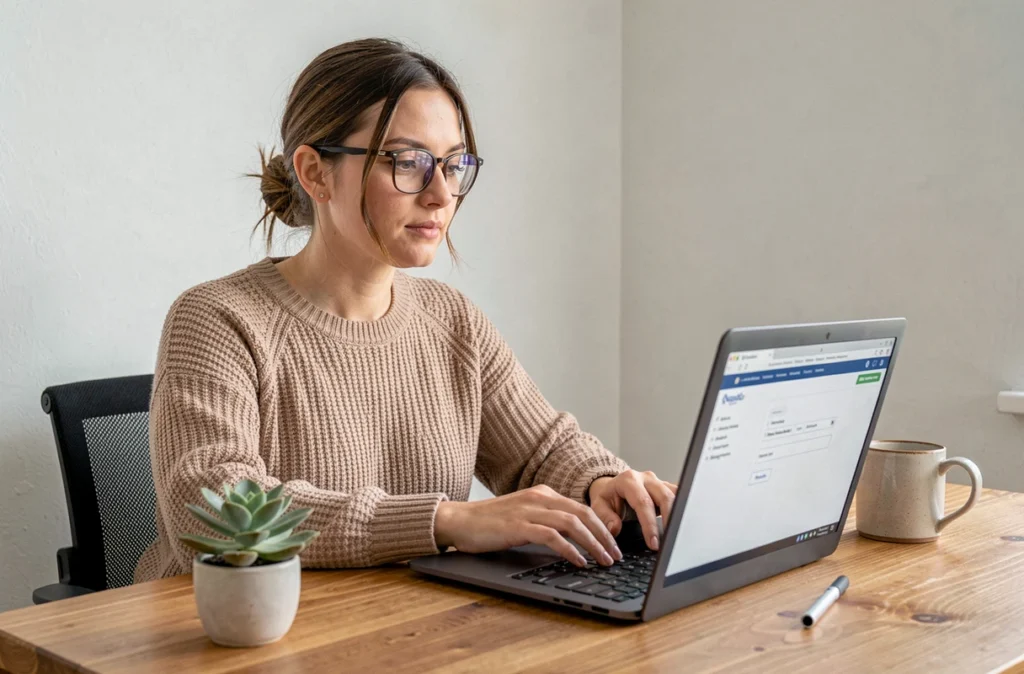 Femme remplissant un formulaire de devis assurance moto en ligne depuis son bureau à domicile