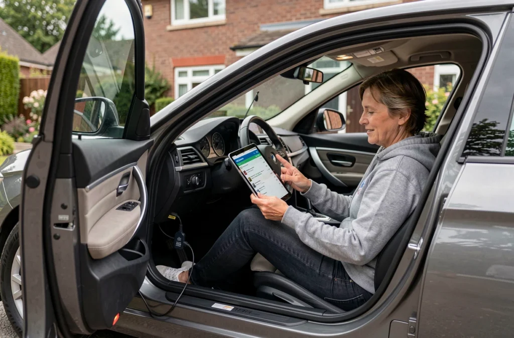 Femme passionnée de BMW réalisant un diagnostic avec NCSexpert et un dongle OBD depuis le siège conducteur d'une BMW 3 Series dans une allée résidentielle