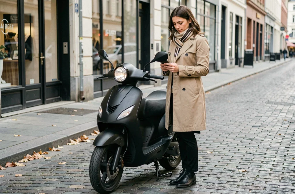 Femme consultant un simulateur d'assurance sur smartphone à côté de son scooter en ville