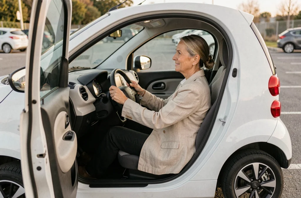 Femme au volant d'une Citroën Ami voiture sans permis avec portière ouverte