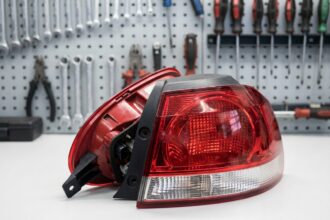 Feu arrière démontage Golf 5 posé sur établi d'atelier automobile avec réflecteurs visibles