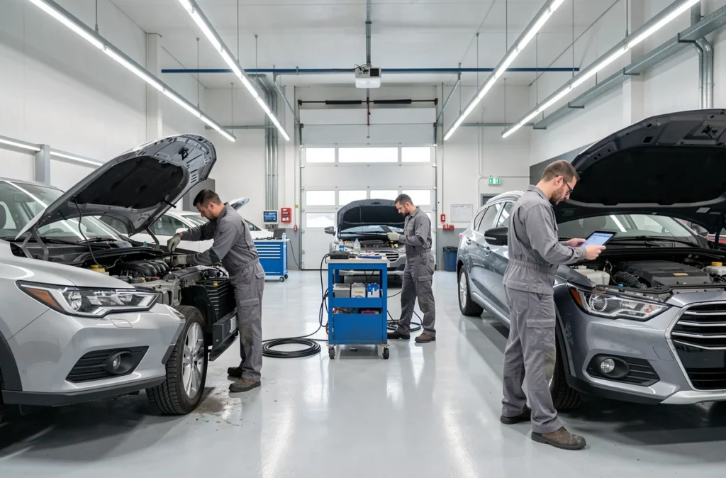 Atelier multi-postes du Garage A.B.F. dans le Morbihan avec trois mécaniciens au travail simultanément