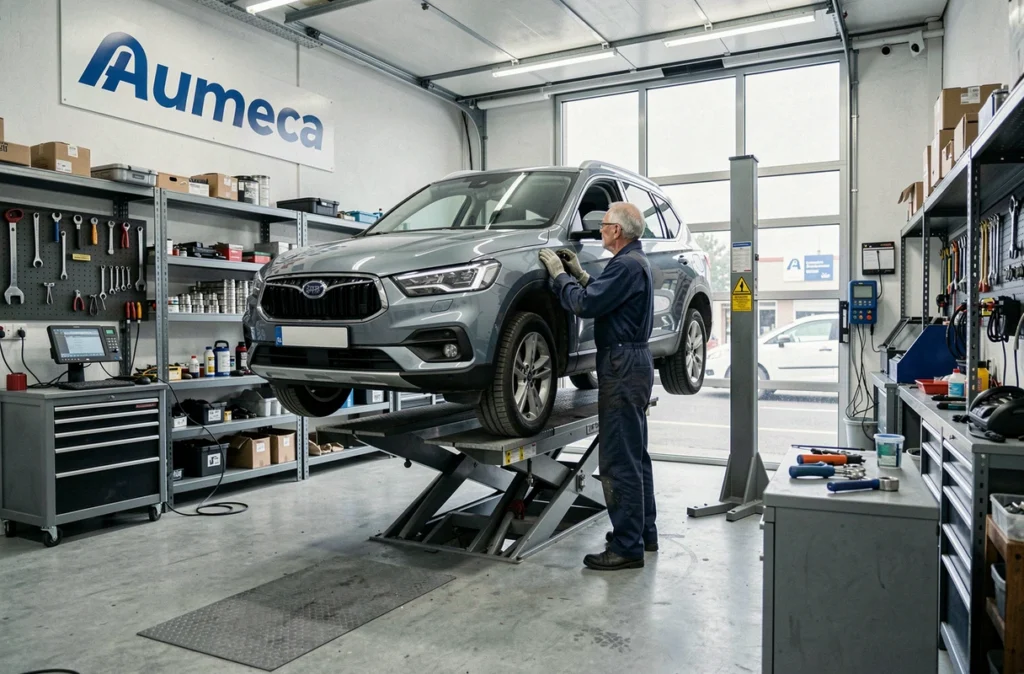 Atelier du Garage Aumeca avec un mécanicien expérimenté effectuant la maintenance d'un SUV sur un pont élévateur