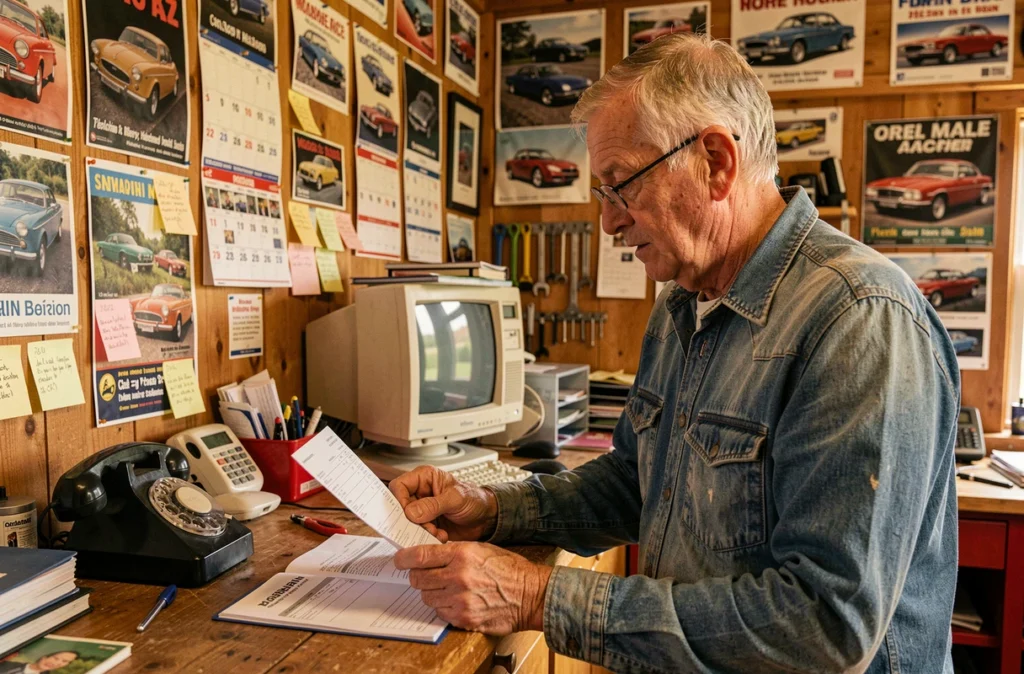 Propriétaire du Garage Daniel dans le Morbihan révisant une facture à son comptoir de réception familial