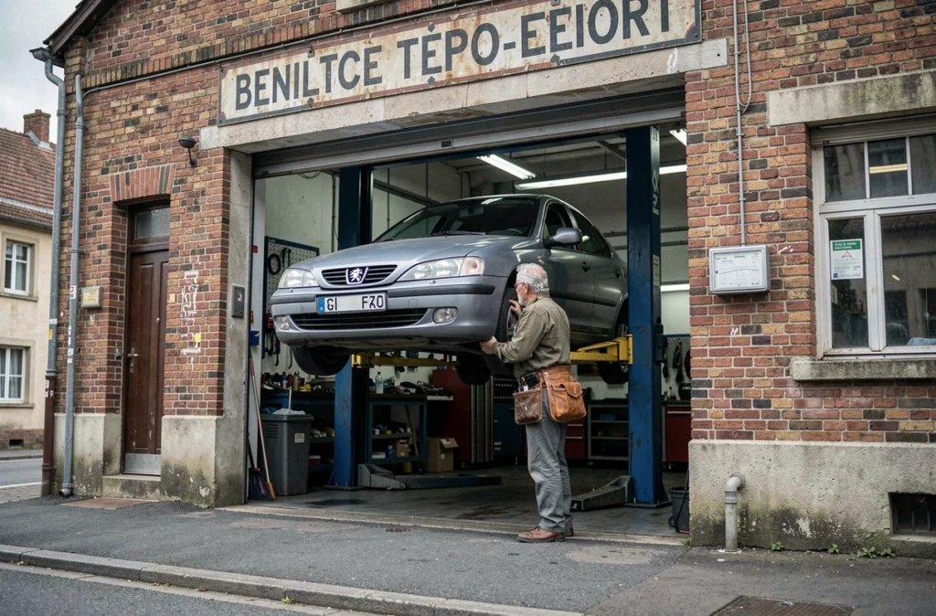 Vue extérieure et intérieure du Garage de Belfort avec un mécanicien inspectant une voiture sur un pont élévateur