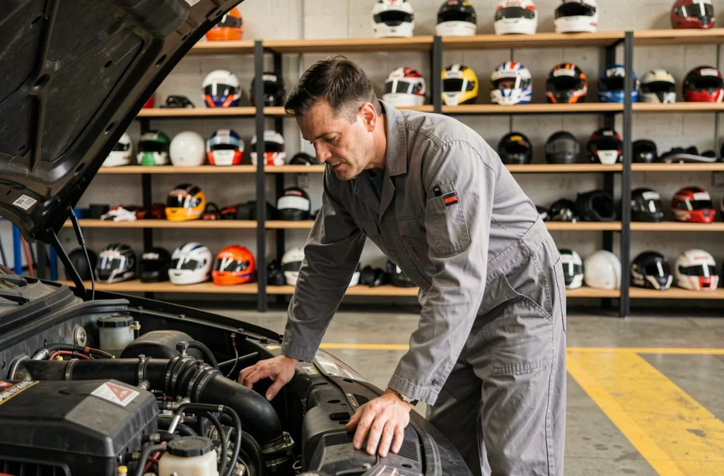 Mécanicien spécialisé travaillant sur un moteur de voiture de performance dans le garage Pikes Peak