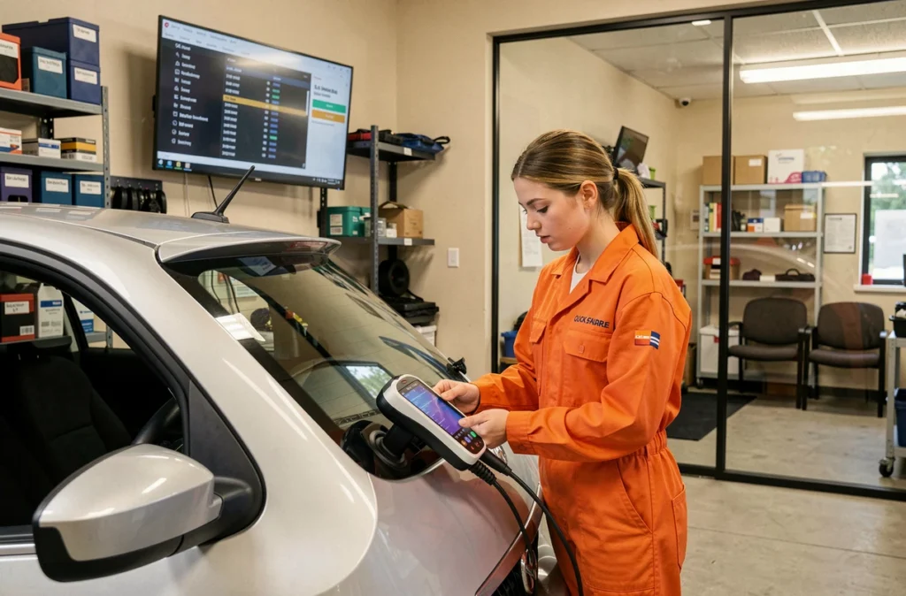 Mécanicienne du Garage Rapide Service effectuant un diagnostic électronique rapide sur une voiture compacte