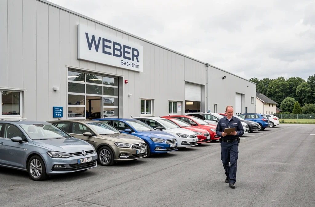 Façade extérieure du Garage Weber 67 avec des véhicules stationnés et un employé en uniforme