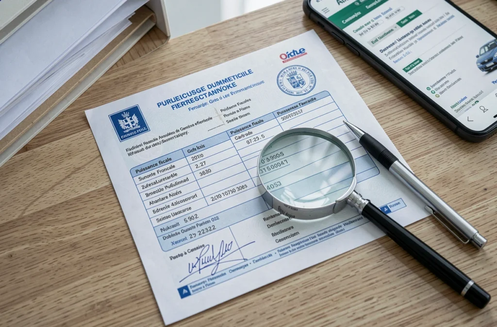Gros plan sur la case puissance fiscale d'une carte grise avec loupe et stylo