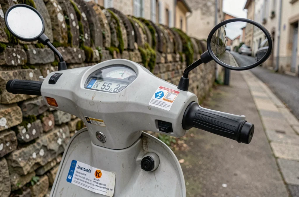 Gros plan sur la plaque d'immatriculation et l'attestation d'assurance d'un scooter 50cc