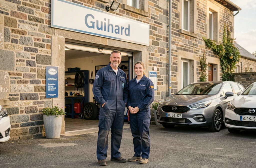 Équipe de Guihard Autos, mécanicien expérimenté et apprentie, devant leur garage familial dans le Morbihan