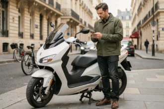 Homme consultant son téléphone pour comparer des assurances scooter Peugeot en milieu urbain