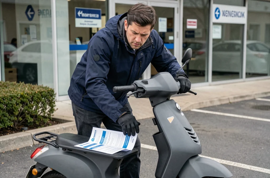 Homme examinant une brochure d'assurance scooter sans permis devant une agence d'assurance