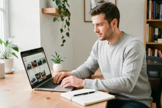 Homme consultant une liste de voitures d'occasion sur un site comme Pifauto.com depuis son bureau à domicile