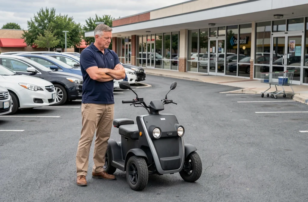 Homme adulte comparant une voiture sans permis électrique dans un parking de zone commerciale