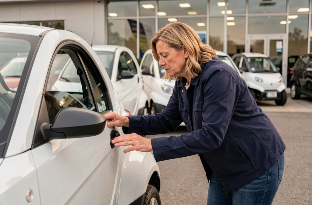 Femme inspectant une voiture sans permis chez un concessionnaire avant achat
