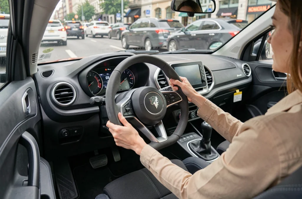 Intérieur d'une voiture sans permis italienne avec tableau de bord moderne et écran tactile