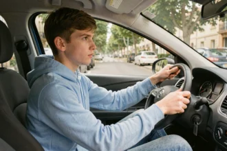 Jeune conducteur de 17 ans au volant d'une voiture compacte en zone urbaine, illustrant la conduite avec le BSR
