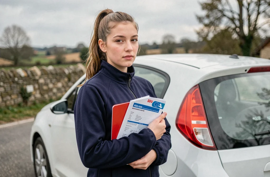 Jeune femme tenant un dossier de permis de conduire à côté d'une voiture, questionnant la légalité du BSR pour conduire