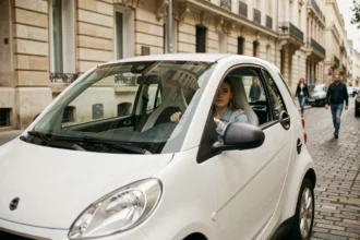 Jeune femme conduisant une voiture sans permis blanche dans une rue pavée française