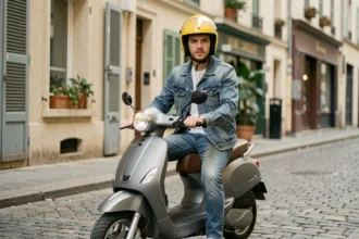 Jeune homme avec casque jaune assis sur un scooter 50cc gris dans une rue pavée française