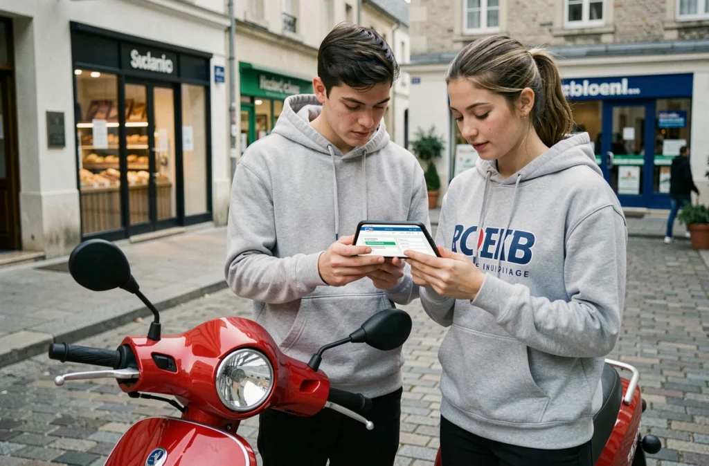 Deux jeunes comparent des offres d'assurance scooter sans permis sur smartphone en centre-ville